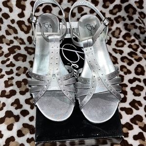 Beacon Satin Fabric Upper Slight Heel Silver Colored Sandal Size 7.5